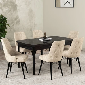 Gadahome Hera Serisi Açılabilir Mdf Mutfak Salon Masa Takımı 6 Sandalyeli Siyah Mermer Görünümlü