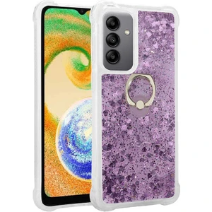 noktaks - Samsung Galaxy A14 - Kılıf Yüzüklü Simli Sıvılı Milce Kapak - Mor - T26982