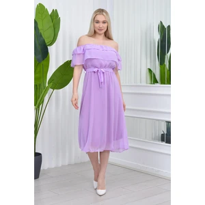 Neşeli Butik Kadın Madonna Yaka Kuşaklı Şifon Elbise NB8060 - Lila