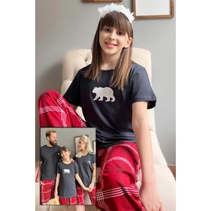 Pijama Evi Lacivert Bear Kısa Kol Anne Kız Aile Pijaması - Çocuk Takımı