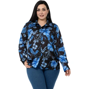 Disentis Modest Büyük Beden Siyah Zemin Üzerine Mavi Çiçekli Saten Gömlek