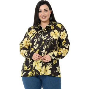 Disentis Modest Büyük Beden Siyah Zemin Üzerine Hardal Çiçekli Saten Gömlek