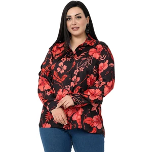 Disentis Modest Büyük Beden Siyah Zemin Üzerine Kırmızı Çiçekli Saten Gömlek