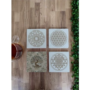 Wooden Factory 4lü Set Lotus Sri Yantra Yaşam Çiçeği Doğal Taş Bardak Altlığı