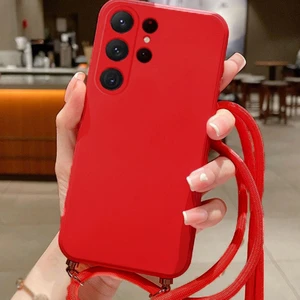 Samsung Galaxy M14 ile Uyumlu Ipli Boyun Askılı Silikon Kılıf Kadife Iç Yüzeyli Epiphany Kılıf Kırmızı
