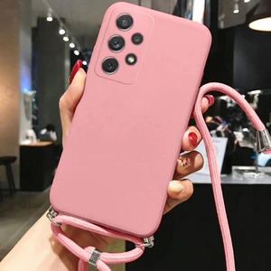 Samsung Galaxy M14 ile Uyumlu Ipli Boyun Askılı Silikon Kılıf Kadife Iç Yüzeyli Epiphany Kılıf Pembe