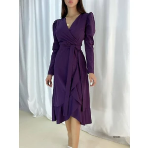 Krep Kumaş Midi Boy Kuşaklı Uzun Kol Elbise (Mürdüm)