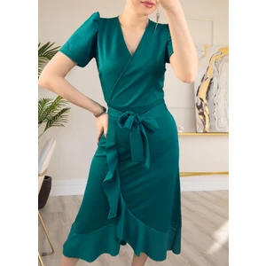 Krep Kumaş Midi Boy Kuşaklı Elbise (Renkli)