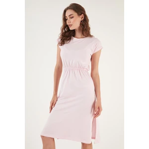 Pamuklu Kısa Kollu Çift Yırtmaçlı Midi Elbise Bayan Elbise 5864205