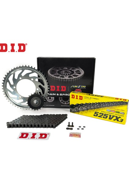 Zincir Dişli Seti Suzukı Dl V-Strom / Xt (650 Cc) (2007-2020) / Zincir : DID-525VX3 (ÇELIK)-118 / Dişli: Jt (15T-47T)
