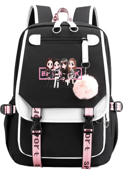 USB Bağlantı Noktalı Korean Junior Siyah Pembe Sırt Çantası (Yurt Dışından)