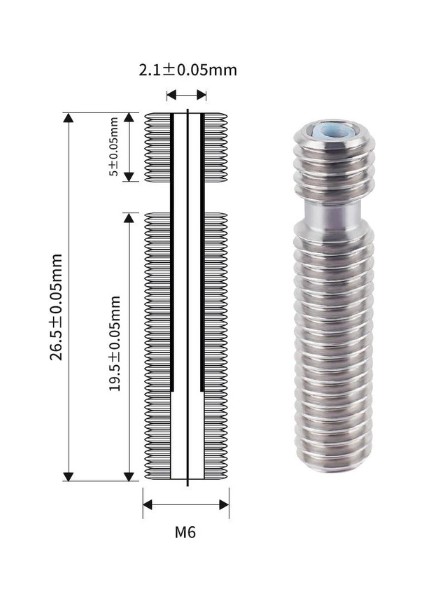 3D Yazıcı M6X26MM Teflonlu Çelik Barel - E3D V5 Uyumlu