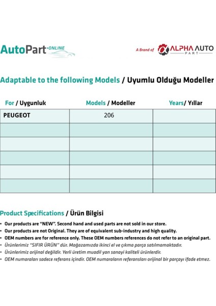 Peugeot 206 Için 5 Pin Cam Açma Düğmesi