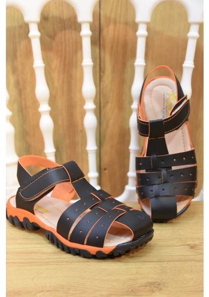 (Arzen) Ortapedi Termo Kaymaz Taban Burnu Kapalı Cırtlı Erkek Çocuk Sandalet Siyah Turkuaz