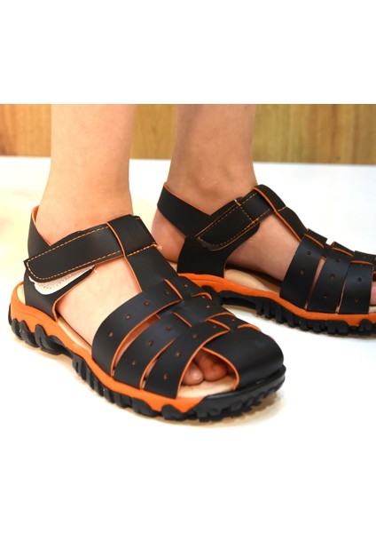 (Arzen) Ortapedi Termo Kaymaz Taban Burnu Kapalı Cırtlı Erkek Çocuk Sandalet Siyah Turkuaz fiyatları