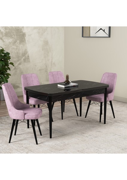 Hera Serisi Açılabilir Mdf Mutfak Salon Masa Takımı 4 Sandalyeli Siyah Mermer Görünümlü