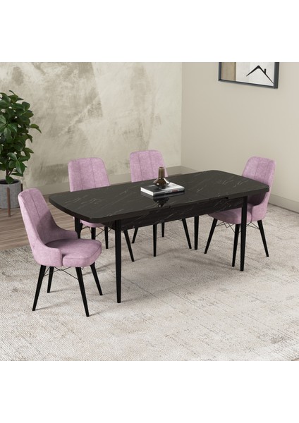 Hera Serisi Açılabilir Mdf Mutfak Salon Masa Takımı 4 Sandalyeli Siyah Mermer Görünümlü fiyatları