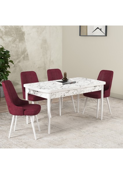 Hera Serisi Açılabilir Mdf Mutfak Salon Masa Takımı 4 Sandalyeli Beyaz Mermer Görünümlü