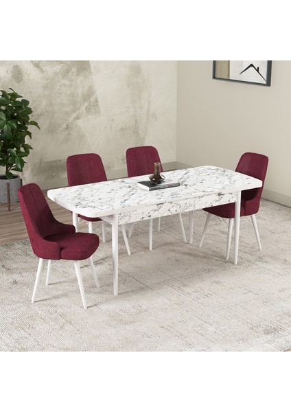 Hera Serisi Açılabilir Mdf Mutfak Salon Masa Takımı 4 Sandalyeli Beyaz Mermer Görünümlü fiyatları