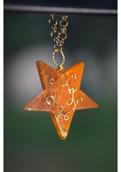 Turuncu Akik Yıldız Gold Tel Sarmalı Doğal Taş Dikiz Süsü