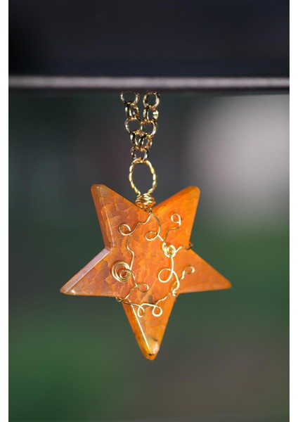 Turuncu Akik Yıldız Gold Tel Sarmalı Doğal Taş Dikiz Süsü fiyatları