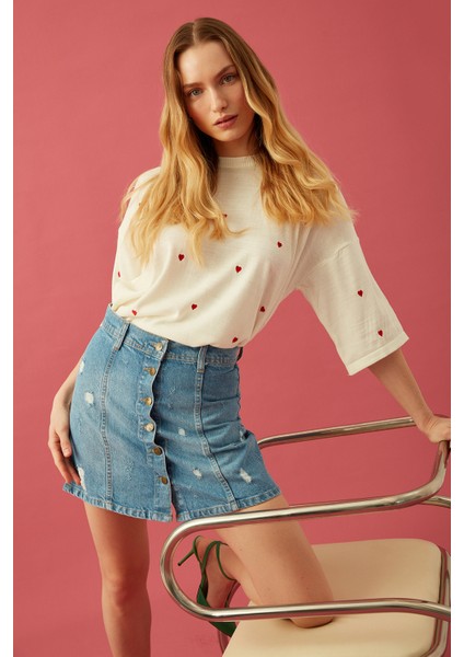 Önden Düğmeli Mini Denim Etek modelleri