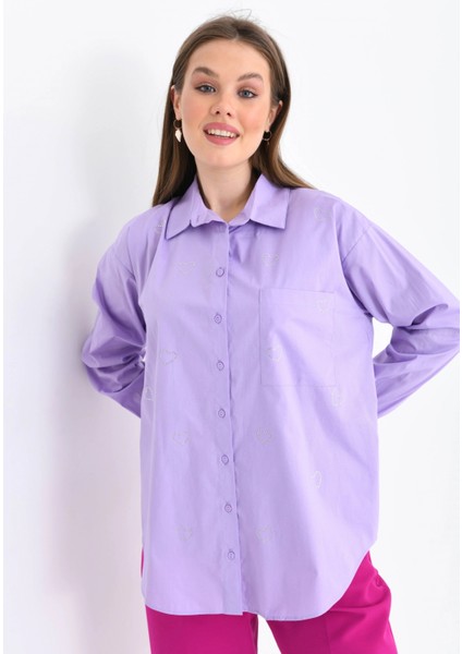 Lila Cep Detaylı Kadın Gömlek
