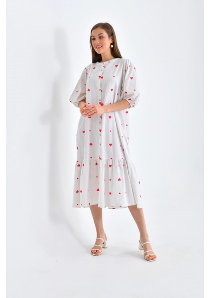 Kırmızı Kalpli Düğmeli Uzun Elbise