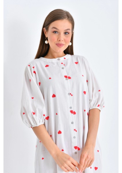 Kırmızı Kalpli Düğmeli Uzun Elbise fiyatları