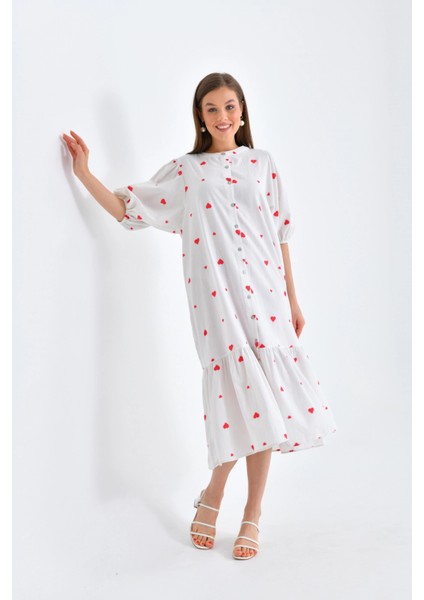 Kırmızı Kalpli Düğmeli Uzun Elbise modelleri