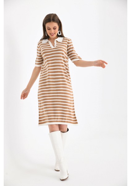 Kadın Gömlek Yaka Camel Renk Çizgili Elbise