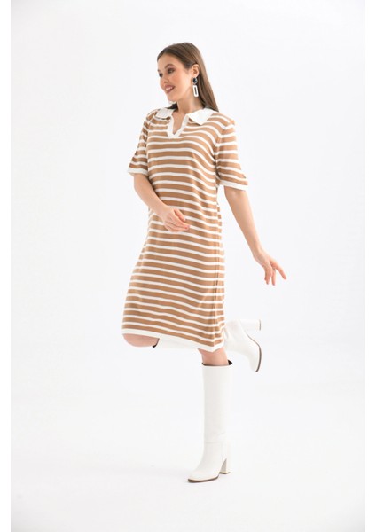 Kadın Gömlek Yaka Camel Renk Çizgili Elbise fiyatları