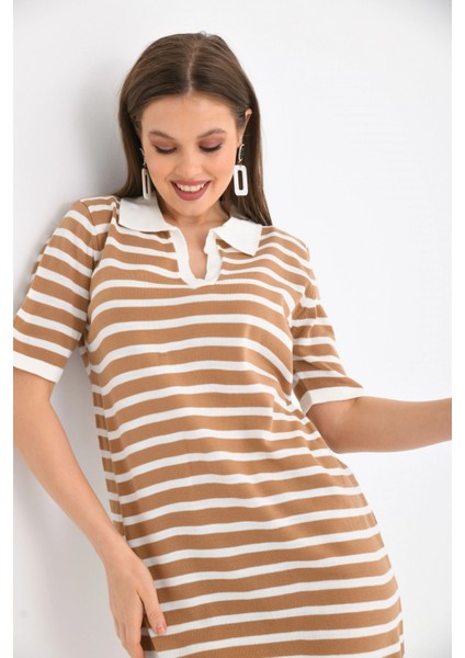 Kadın Gömlek Yaka Camel Renk Çizgili Elbise modelleri