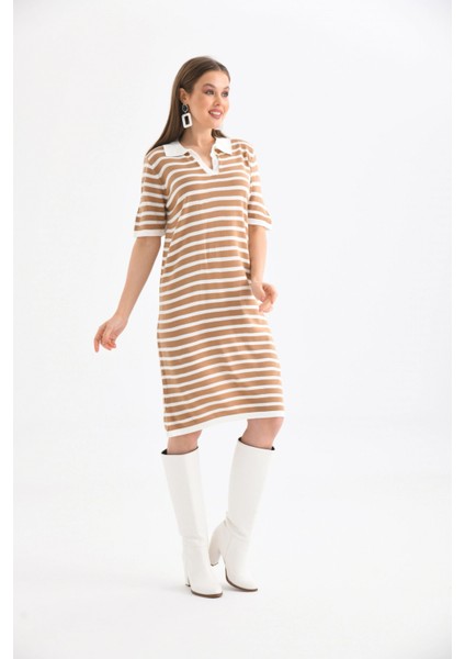 Kadın Gömlek Yaka Camel Renk Çizgili Elbise fırsatları
