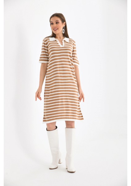 Kadın Gömlek Yaka Camel Renk Çizgili Elbise indirimleri
