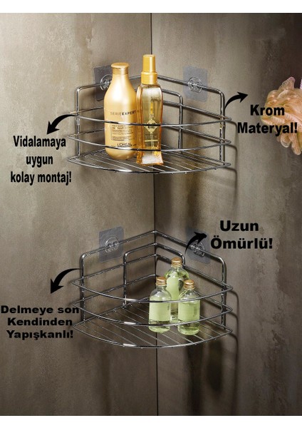 Ömür Boyu Paslanmaz Yapışkanlı Banyo Köşeliği Düzenleyici Şampuanlık Duş Rafı 2 Adet Krom Tk-01 fiyatları