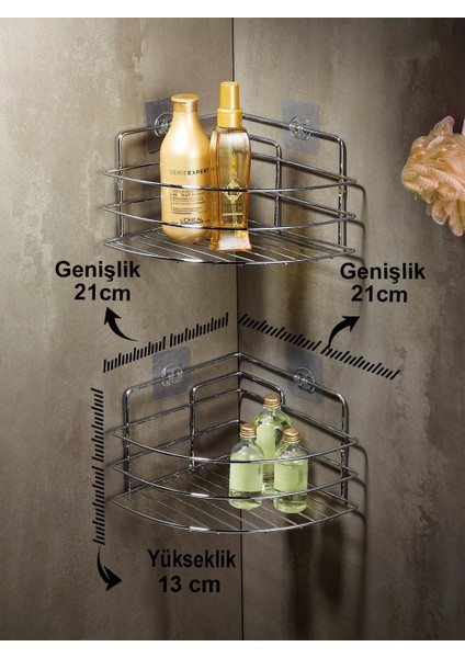Ömür Boyu Paslanmaz Yapışkanlı Banyo Köşeliği Düzenleyici Şampuanlık Duş Rafı 2 Adet Krom Tk-01 modelleri