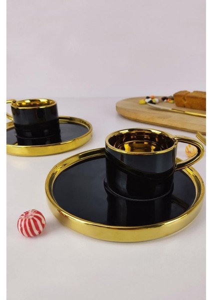 Porselen 2 Kişilik Yaldızlı Kahve Fincan Takımı Siyah - İST-85