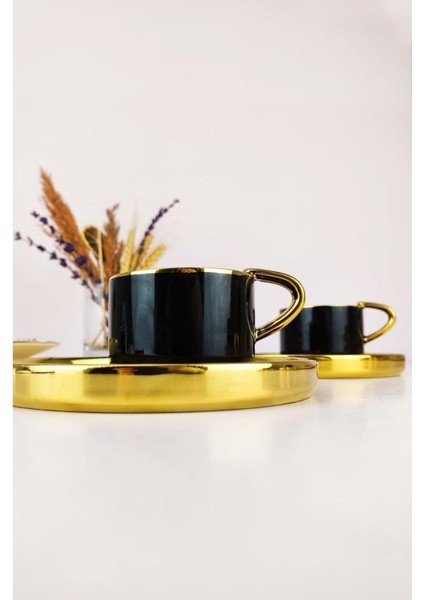 Porselen 2 Kişilik Yaldızlı Kahve Fincan Takımı Siyah - İST-85 fiyatları