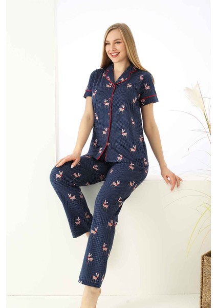 Farya Home Dreamy Pamuklu Biyeli Ceylan Desenli Kısa Kollu Gömlek Pijama Takımı