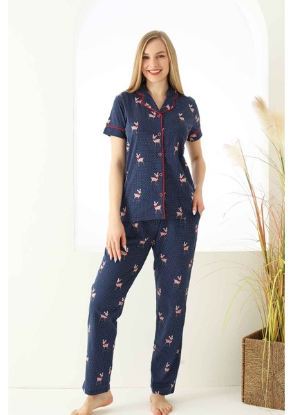 Farya Home Dreamy Pamuklu Biyeli Ceylan Desenli Kısa Kollu Gömlek Pijama Takımı