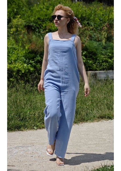 Yagmur Beren Kalın Askılı Müslin Kumaş Bahçıvan Tulum