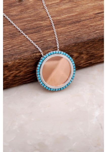 Tamtur Turkuaz Taşlı Rose Gümüş Plaka Kolye 1209