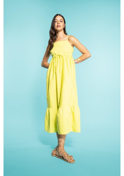 Kare Yaka Poplin Kolsuz Midi Kısa Kollu %100 Pamuk Elbise A3248AX23SM