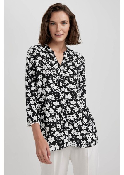 Regular Fit Bisiklet Yaka Desenli Uzun Kollu Gömlek U2962AZ23SM
