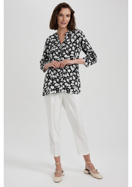 Regular Fit Bisiklet Yaka Desenli Uzun Kollu Gömlek U2962AZ23SM