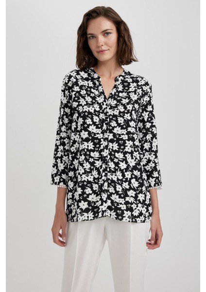Regular Fit Bisiklet Yaka Desenli Uzun Kollu Gömlek U2962AZ23SM