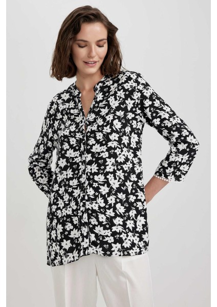 Regular Fit Bisiklet Yaka Desenli Uzun Kollu Gömlek U2962AZ23SM