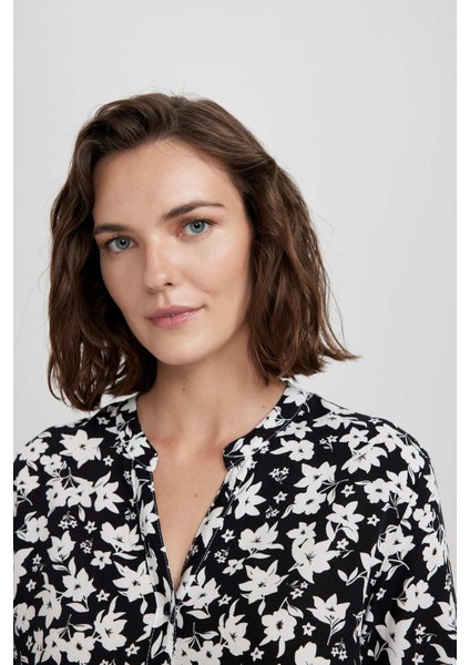 Regular Fit Bisiklet Yaka Desenli Uzun Kollu Gömlek U2962AZ23SM