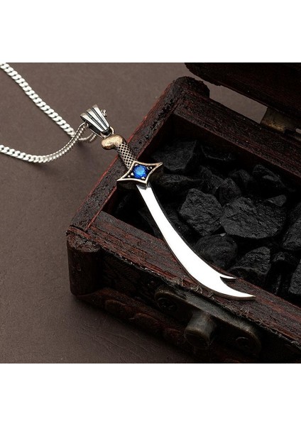 Safir Taşlı Zülfikar Erkek Gümüş Kolye